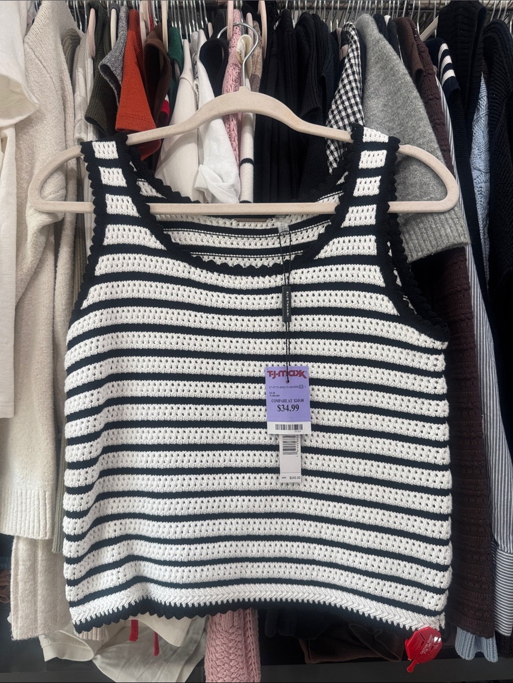 Elie Tahari Black and White Cropped Striped Crochet Tank